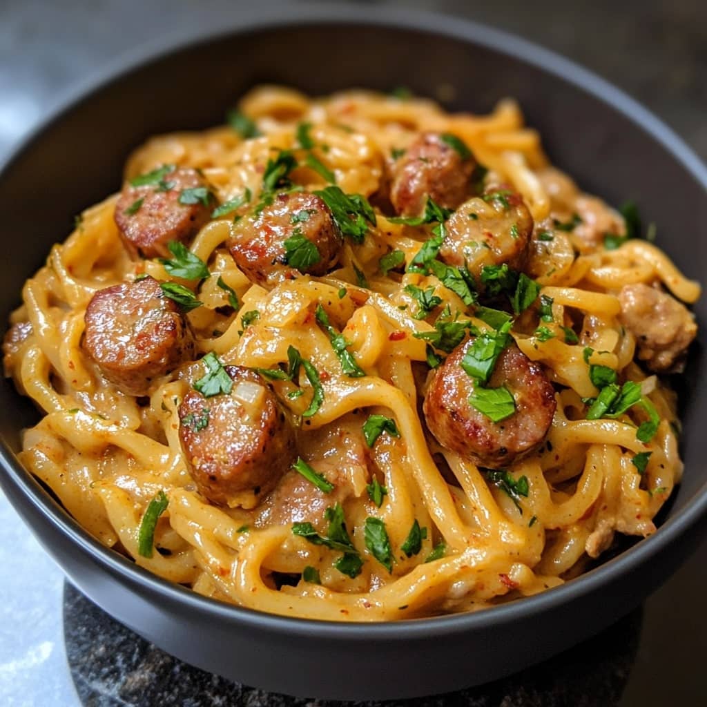 Creamy Spicy Garlic Noodles with Sausage Cooking
