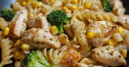 Savoury Chicken, Broccoli, and Sweetcorn Pasta