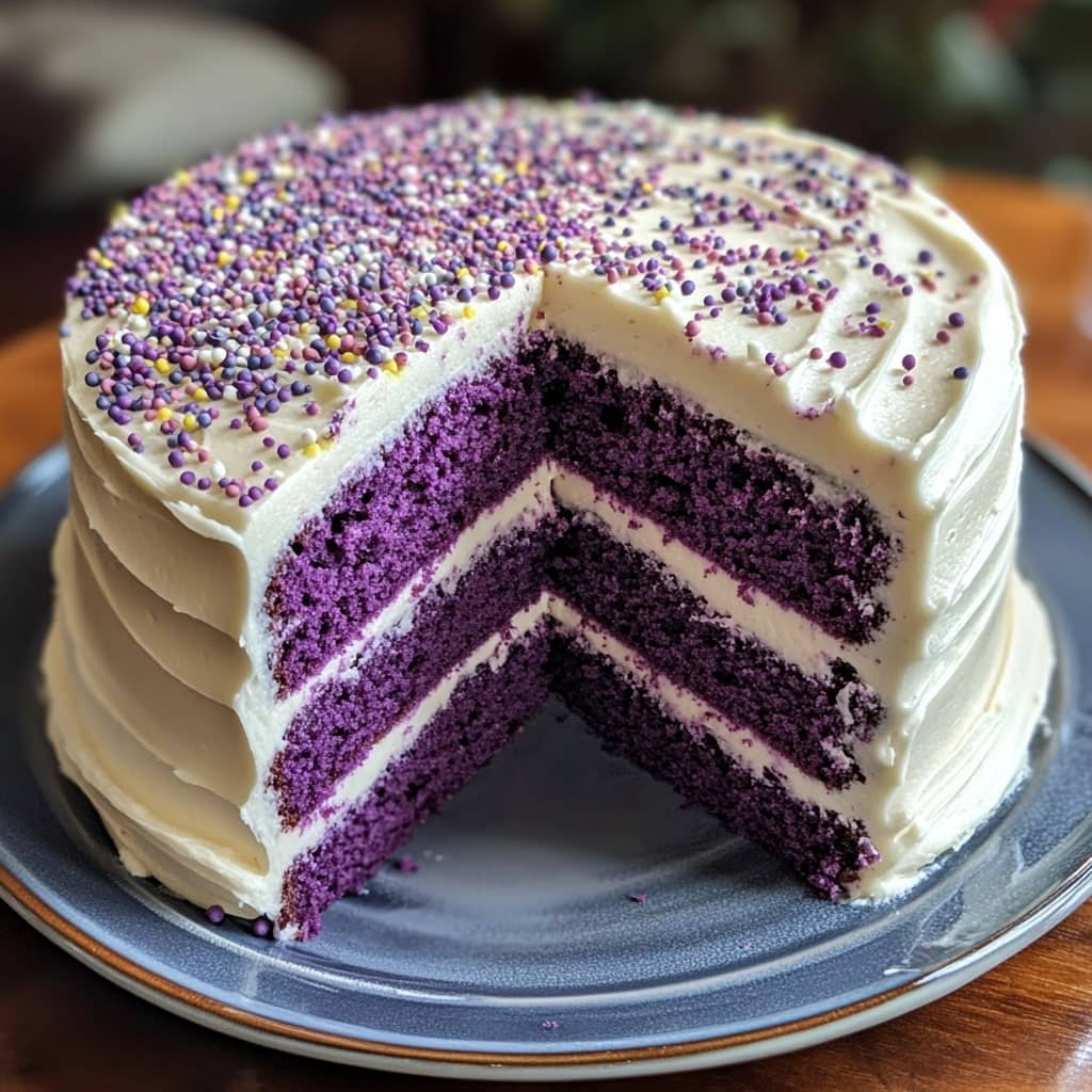 Royal Purple Velvet Cake with Creamy Vanilla Frosting
