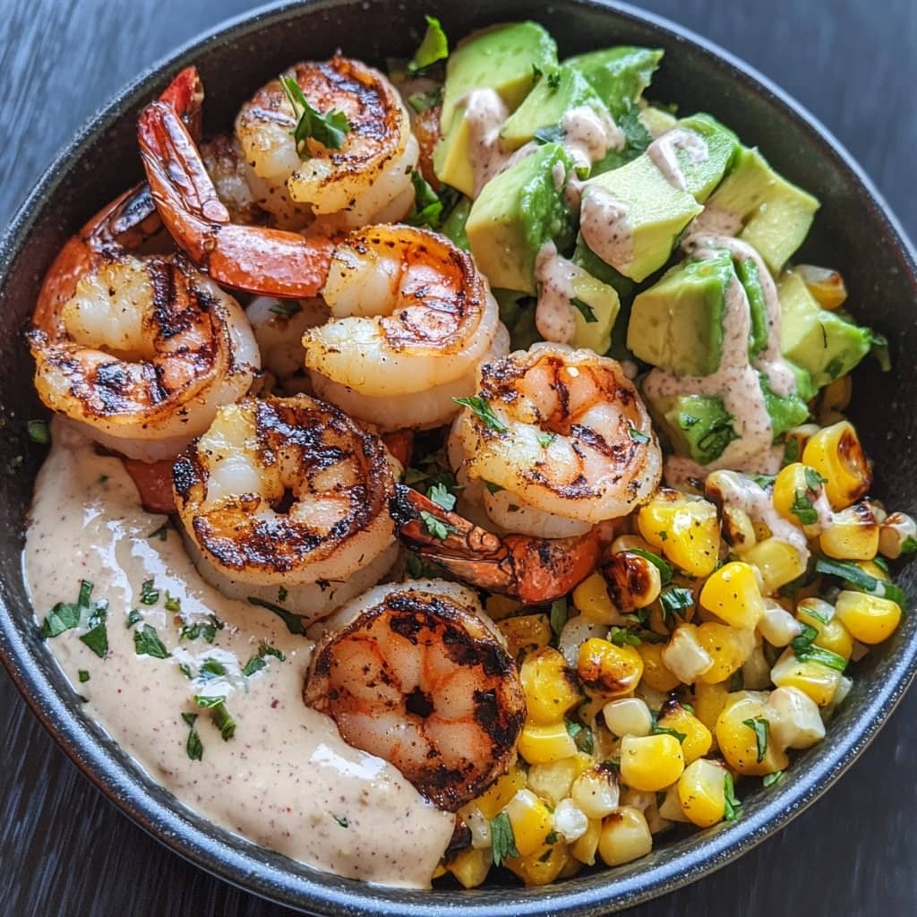 Grilled Shrimp Bowl with Avocado, Corn Salsa & Creamy Sauce