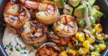 Grilled Shrimp Bowl with Avocado, Corn Salsa & Creamy Sauce
