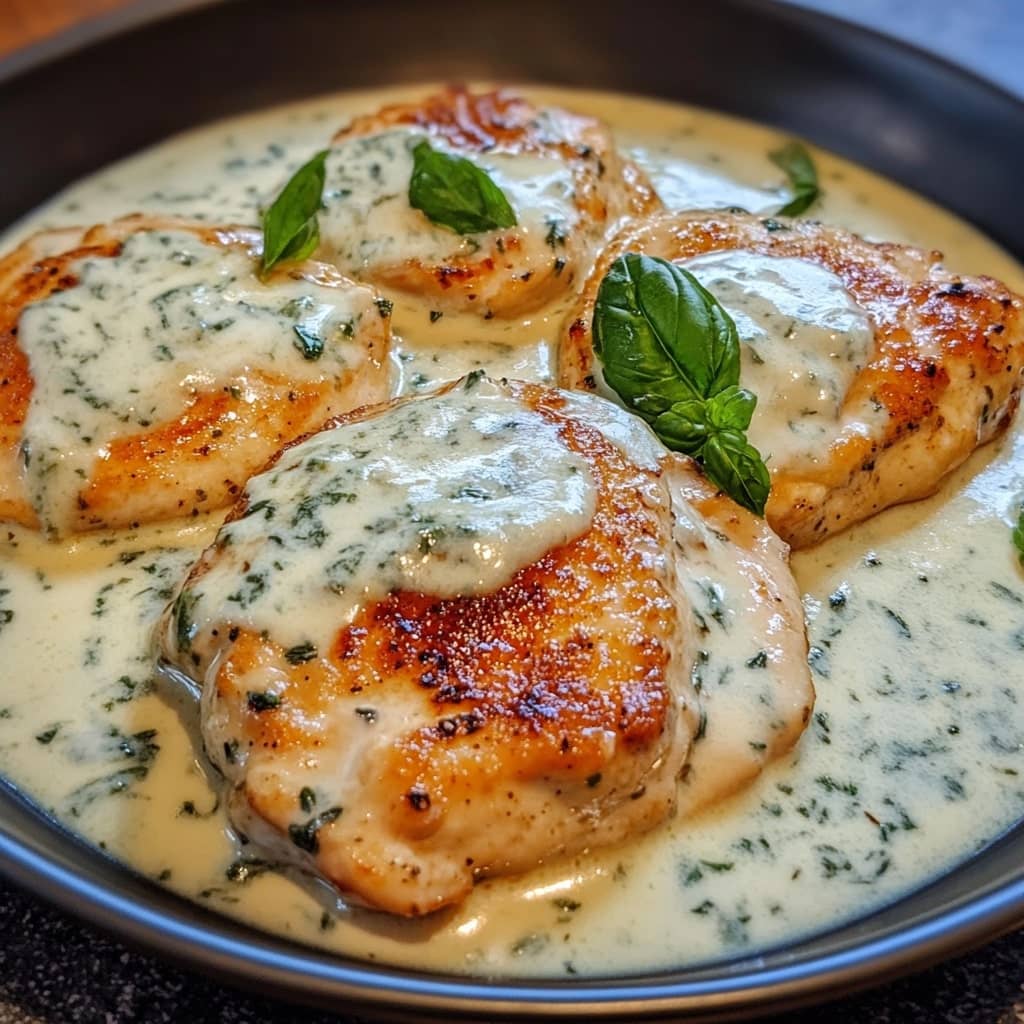 Mozzarella Chicken in Basil Cream Sauce