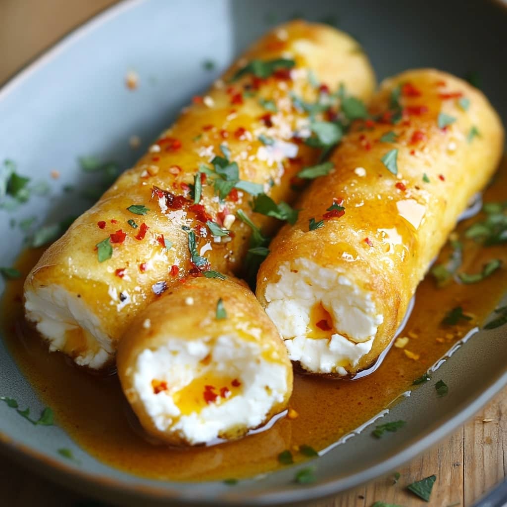 Oven Fried Feta Rolls with Chili Honey