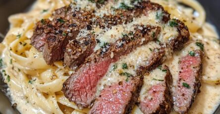 Steak and Creamy Garlic Parmesan Pasta