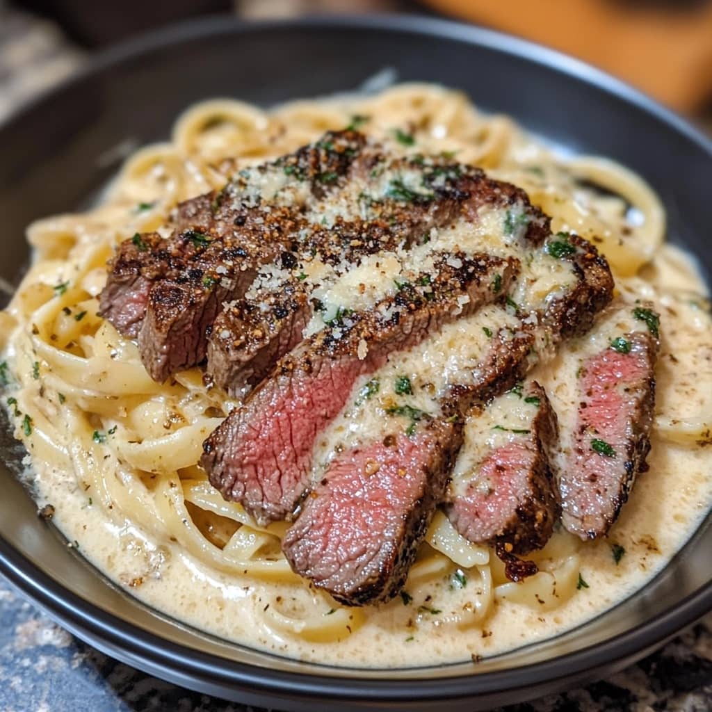 Steak and Creamy Garlic Parmesan Pasta
