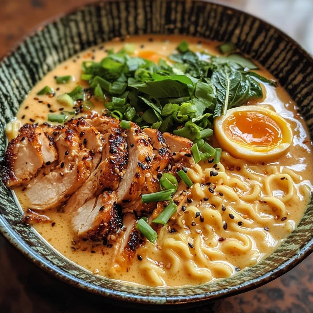 Fiery Chicken Ramen with Creamy Garlic Sauce