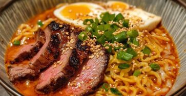 Spicy Korean Ramen with Grilled Beef & Creamy Sauce
