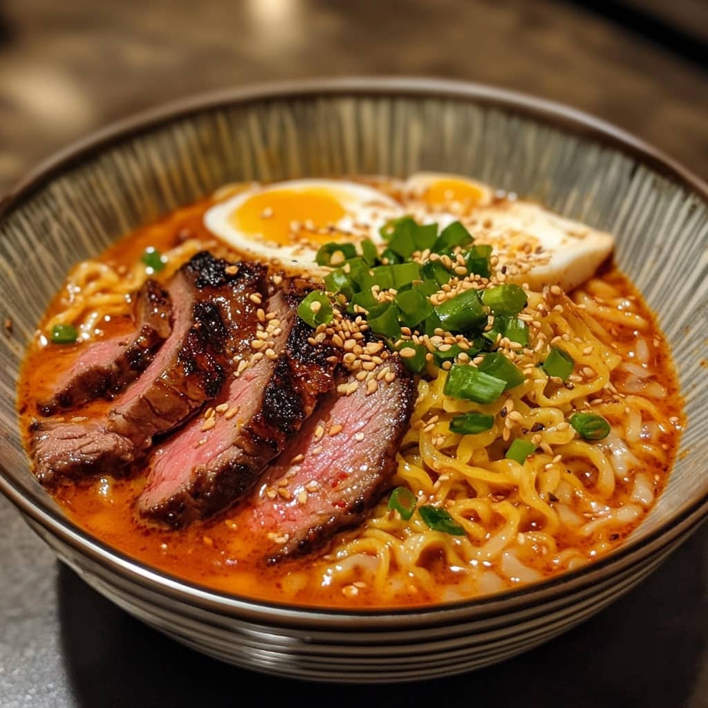Spicy Korean Ramen with Grilled Beef & Creamy Sauce