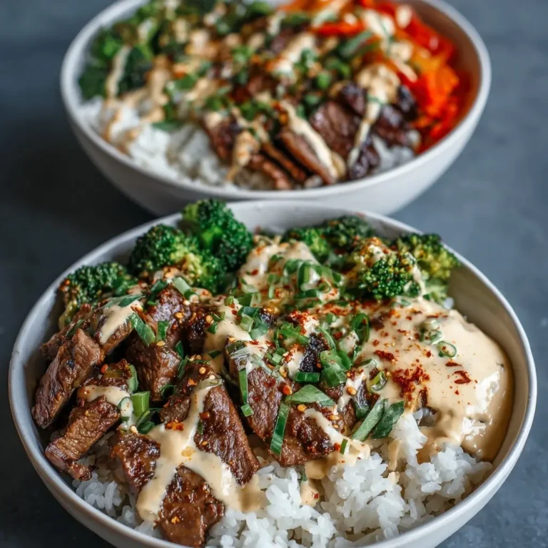 Korean BBQ Steak Rice Bowls with Spicy Cream Sauce