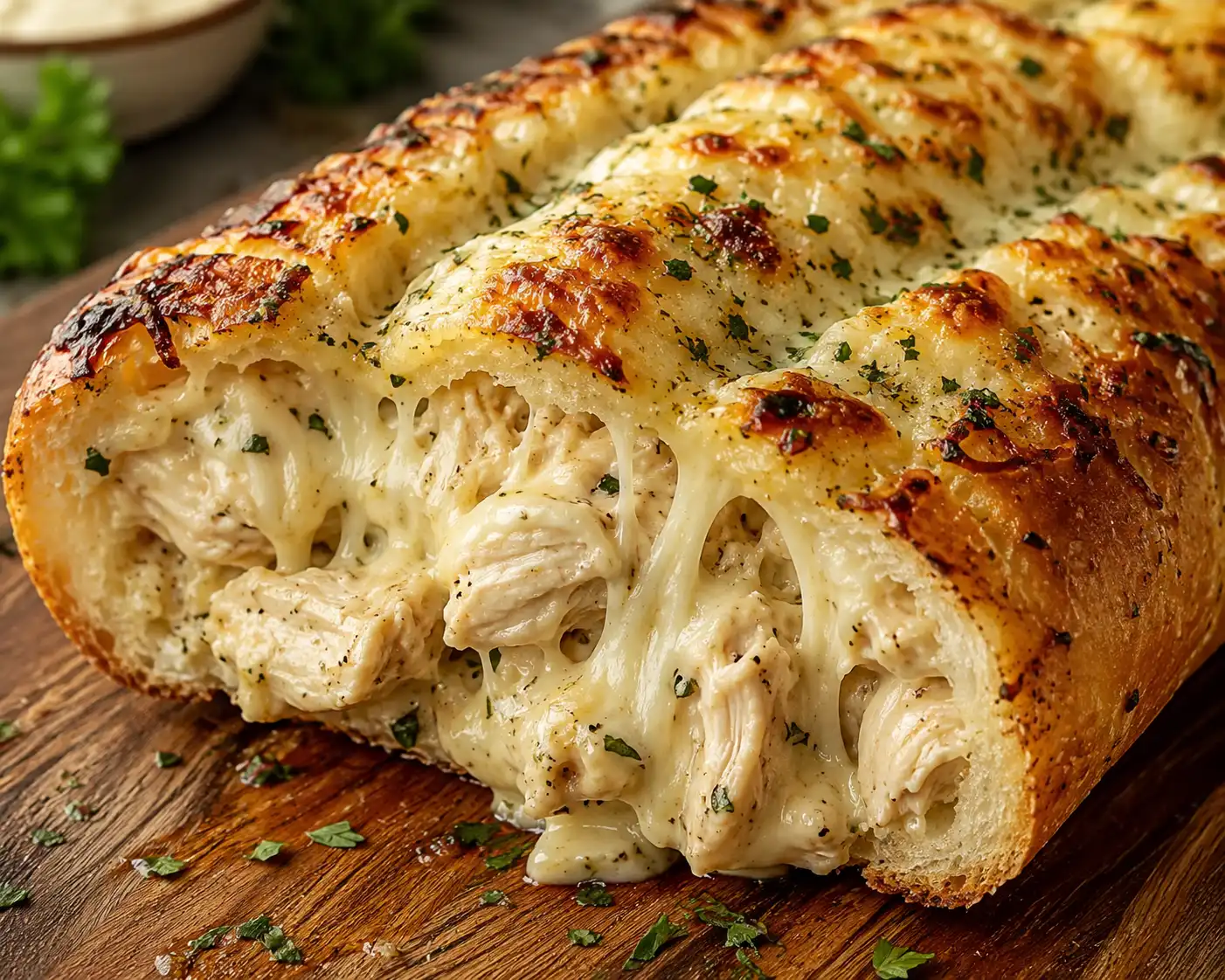 Chicken Alfredo stuffed garlic bread