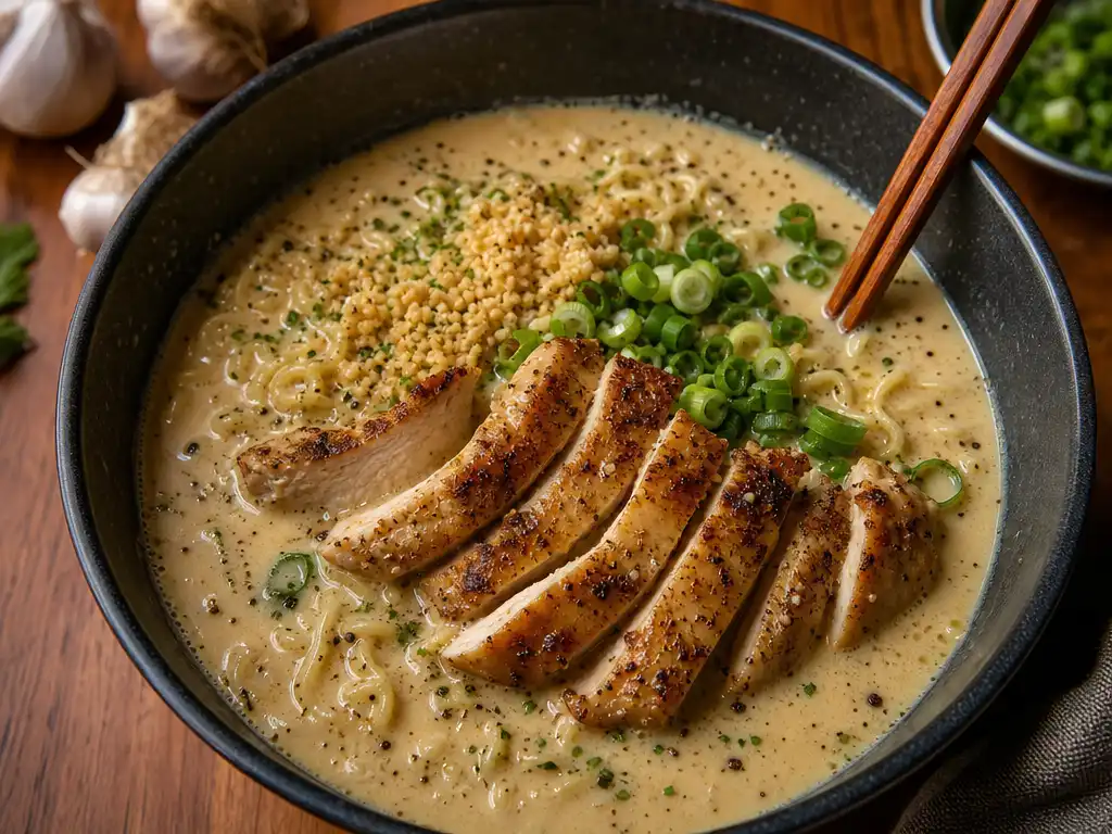 Chicken ramen with creamy garlic sauce